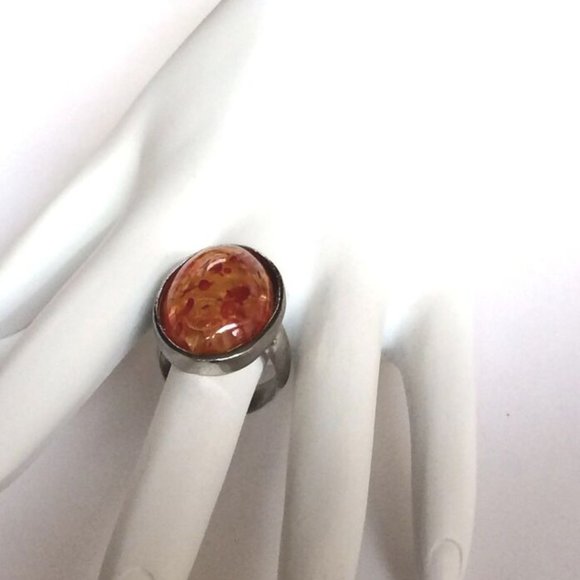 Vintage Faux Honey Amber Cocktail Ring Size 7 8 Oval Cut Silver Plated Simulated - Picture 5 of 9
